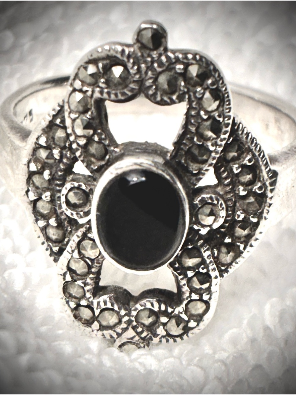 Silver Plated Black Onyx Marcasite Statement Ring Size 9
